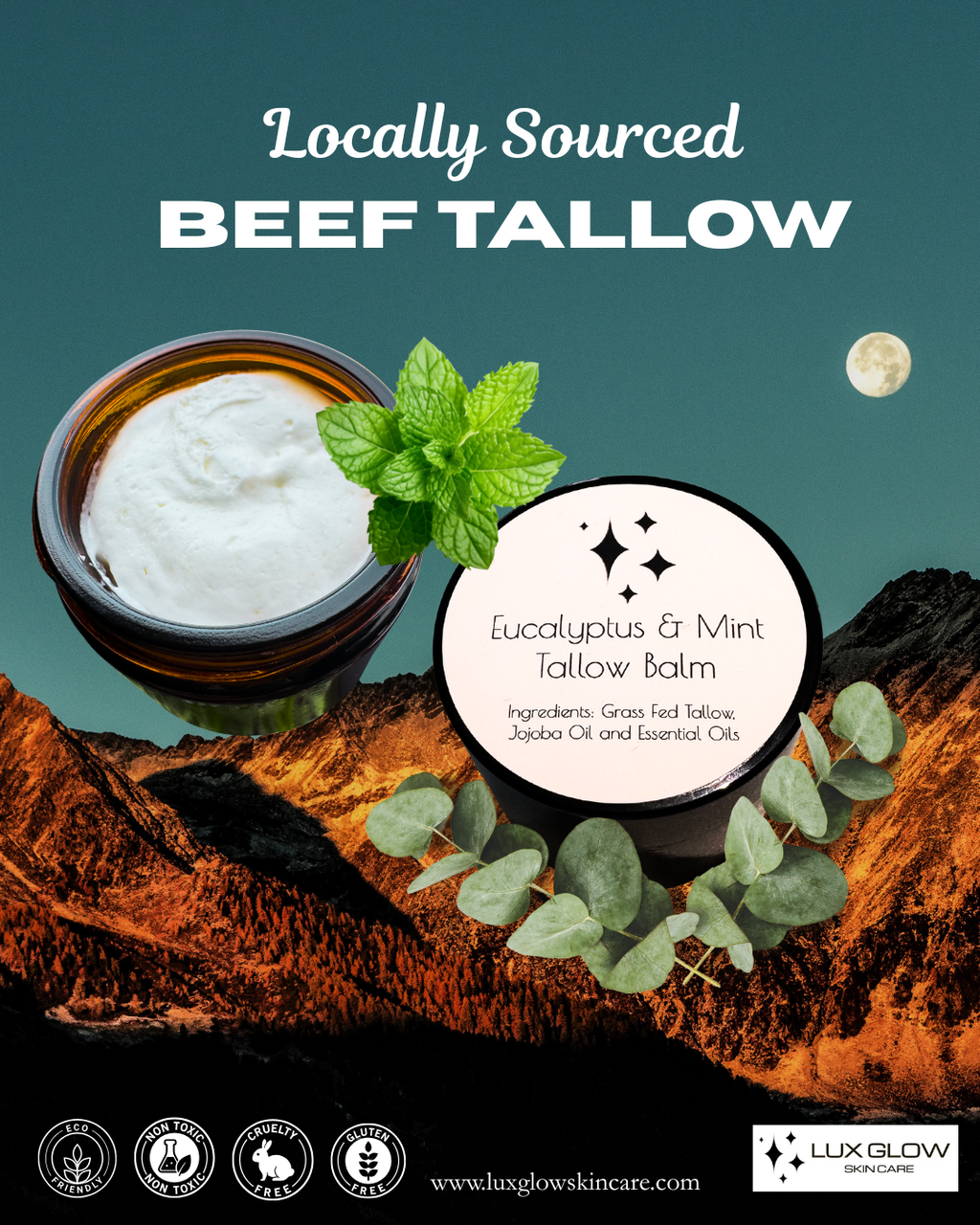 Discover the power of nature with our Eucalyptus & Mint Tallow Balm, handcrafted in small batches in Dallas, Texas. This luxurious, deeply restorative moisturizer is made with locally sourced grass-fed beef tallow, jojoba oil, and pure eucalyptus and mint essential oils to deliver a refreshing, nutrient-rich skincare experience.

Perfect for normal, dry, oily, and combination skin, this balm is designed to soothe irritation, calm redness, strengthen the skin barrier, and lock in long-lasting hydration. 